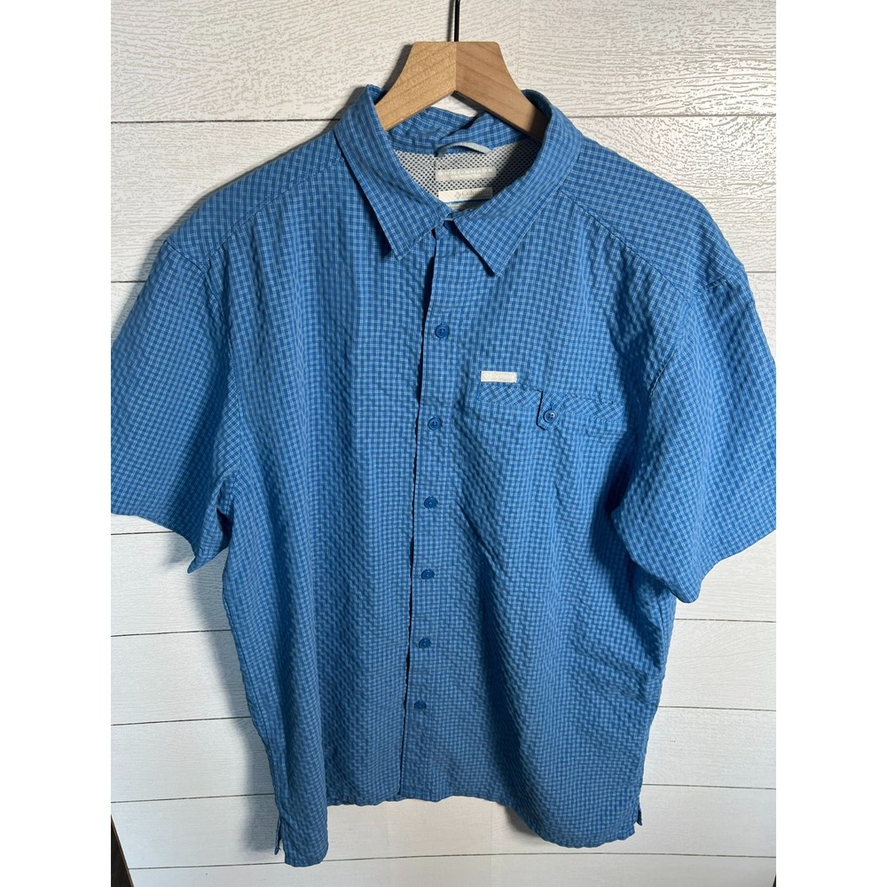 Columbia Mens Large Short Sleeve Blue Plaid Shirt Outdoor Hiking Camping Travel